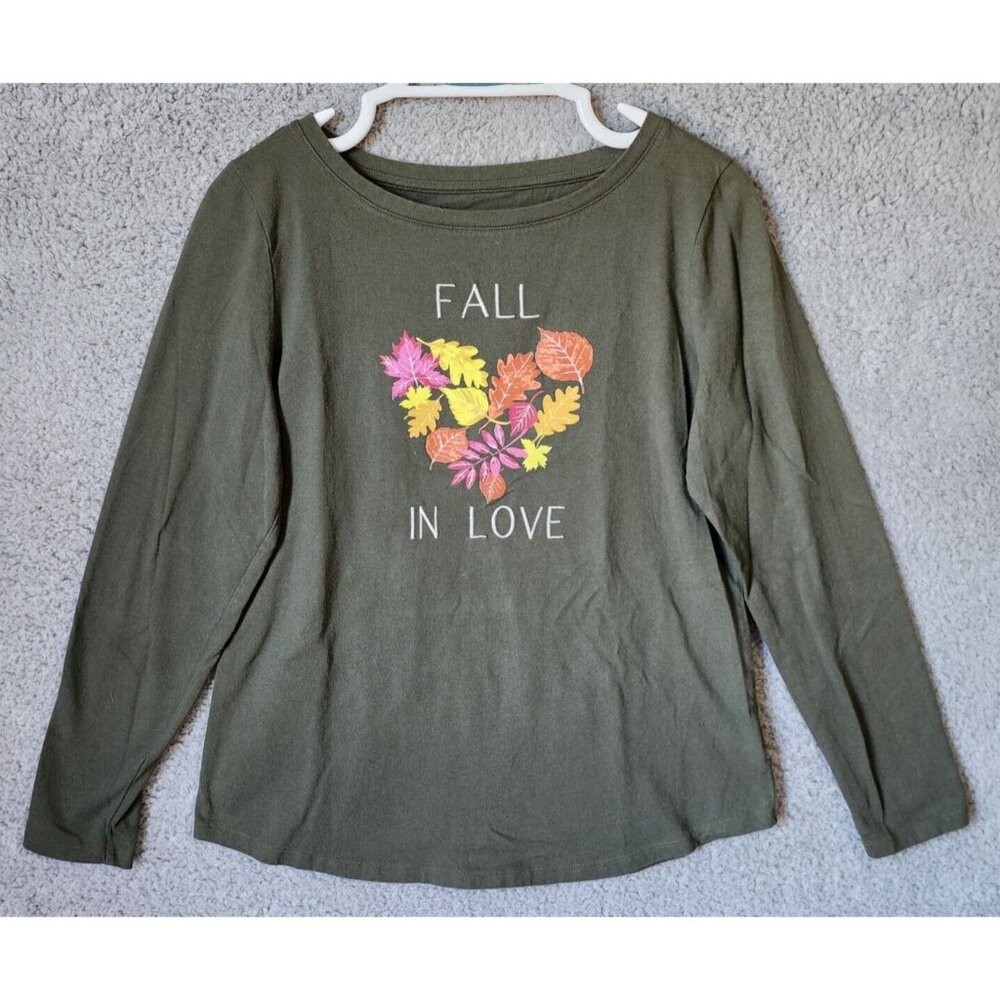 Talbots Women's Round Neck Long Sleeve "Fall In Love" T Shirt Autumn Green Sz M